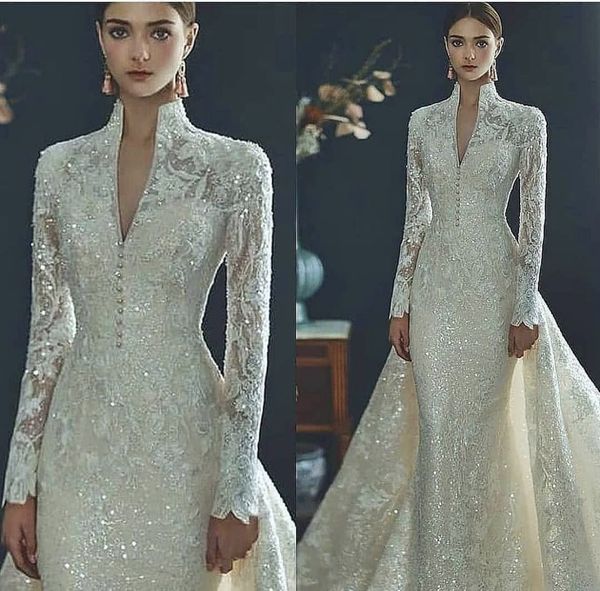 

elegant mermaid bridal gowns high-neck long-sleeves custom made applique race wedding dresses court train satin ruched tulle beach vestido d, White