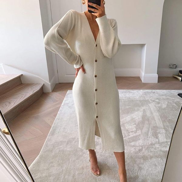 

casual dresses 2021 fashion chic knit long sleeve sweater for women elegant v-neck single breasted cardigans vintage warm jumpers, Black;gray