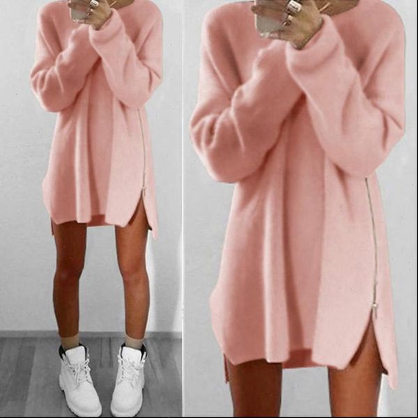 

fashion women loose zipper solid pullovers dress plus size female autumn winter warm jumper sweater long sleeves party dress, White;black
