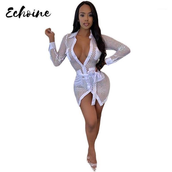 

casual dresses echoine long sleeve sheer mesh see through front buttons short dress women turn down collar party night vestidos, Black;gray