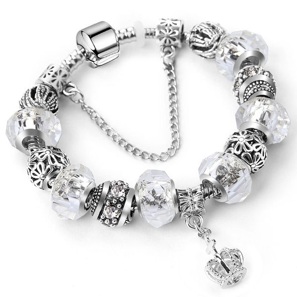 

925 sterling silver bead charm silver crystal crown charms dangle pendant beads fits european charms bracelets safety chain jewelry diy, Golden;silver