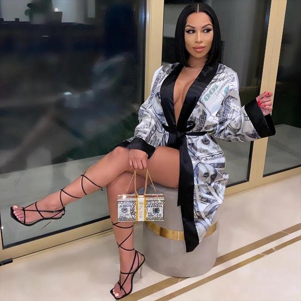 

style print bandage robe women sleepwear long sleeve money pattern pajamas lounge wear homewear autumn, Black;red