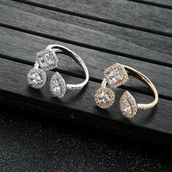 

cluster rings fashion show elegant shiny cubic zirconia round square finger jewelry womens girls white colors filled wedding ring j1938, Golden;silver