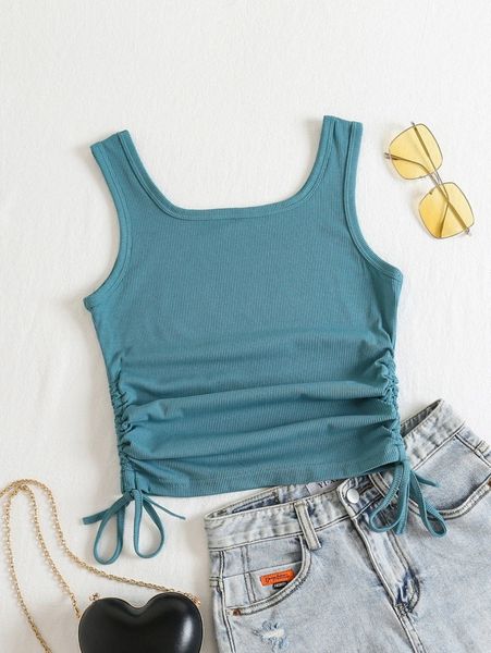 

plain drawstring shirred tank k9fs#, White