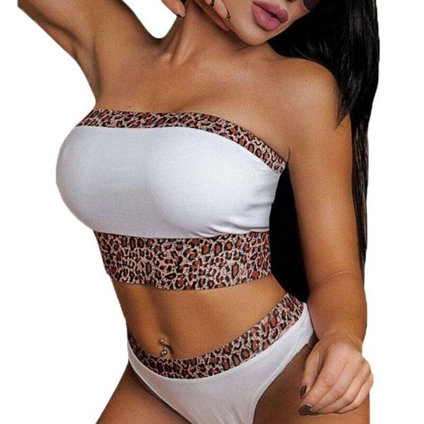 

fresh ladies swimwear leopard print split beachwear bikini fashion white patchwork color tube swimwear summer new s-l