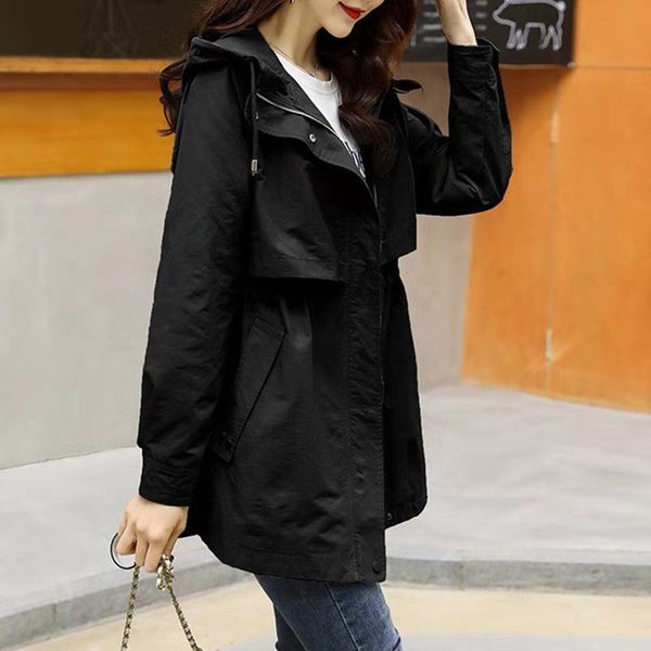 

womens casual windbreaker jackets mid-length feminino spring autumn loose waist hooded coat outerwear female, Tan;black