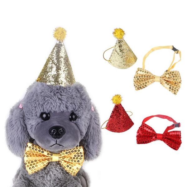 

dog apparel 2pcs/set pet dogs caps with bowknot cat birthday costume sequin design headwear cap hat christmas party pets accessories