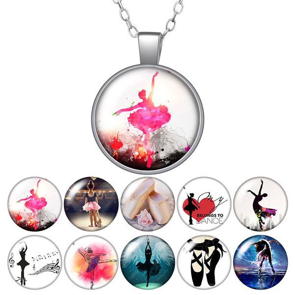 

dancing girl ballet love dance round pendant necklace 25mm glass cabochon silver color jewelry women party birthday gift 50cm