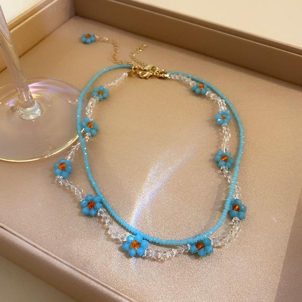 

chokers women's romantic blue crystal beaded necklace cute delicate korean style flower necklaces for female charm jewelry, Golden;silver