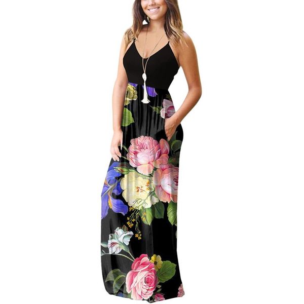 

casual dresses for women floral print sleeveless pocket fashion printing beach long maxi loose dress vestidos de mujer, Black;gray