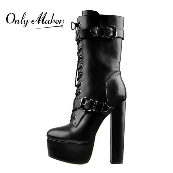 Boots OnlyMaker Mulheres Preto Plataforma Matte Tornozelo Zip Booties Round Heels Fashion Placas De Metal Heeled Fivela