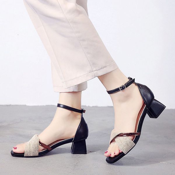 

fashion square heels summer sandals women open toe ankle strap pumps ladies elegant buckle dress shoes woman sandaliasdress shoes, Black