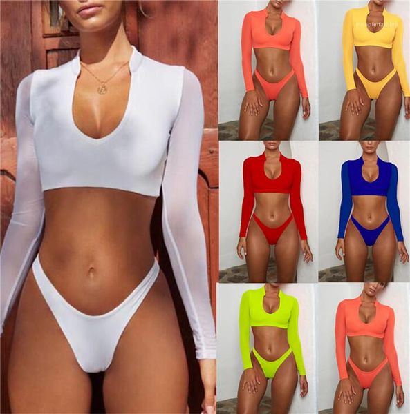 

long sleeve v neck mesh bikini sets breathable comfortable summer women beach swimming clothes womens tankinis swimwear, White;black