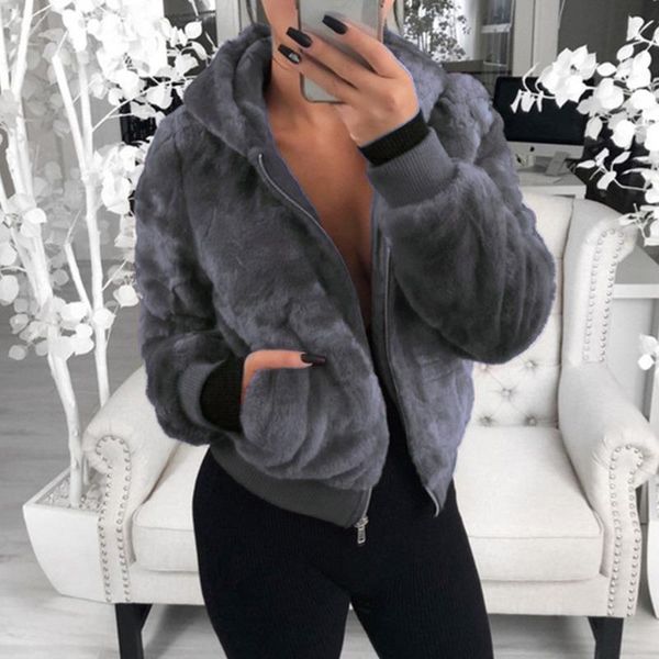 

2021 new faux fur women coat with hood high waist fashion slim black faux fur jacket fake coats