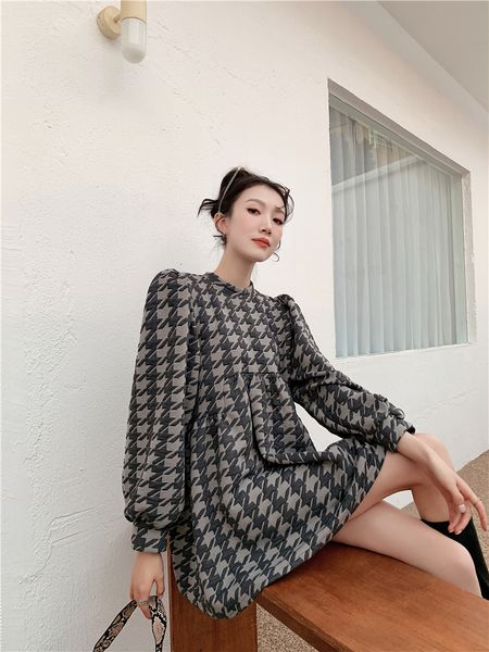 

2021 new houndstooth autumn vintage long sleeve loose mini ladies korean fashion clothing ncj5, Black;gray