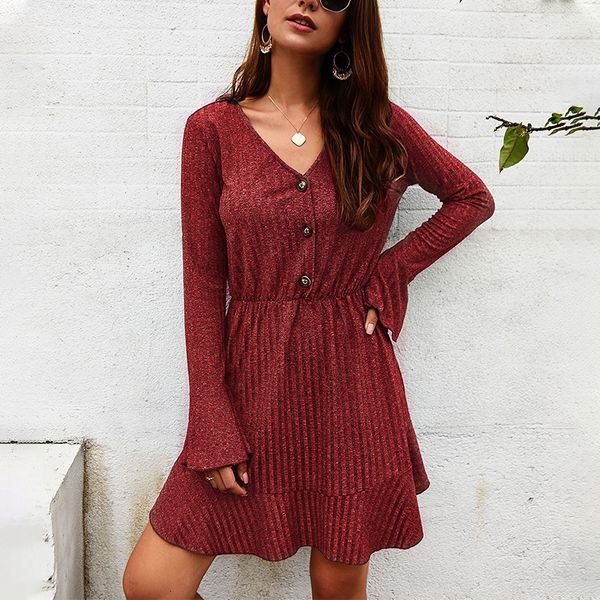 

v-neck knitted women autumn winter dress dresses sleeve a-line 0kwh, Black;gray