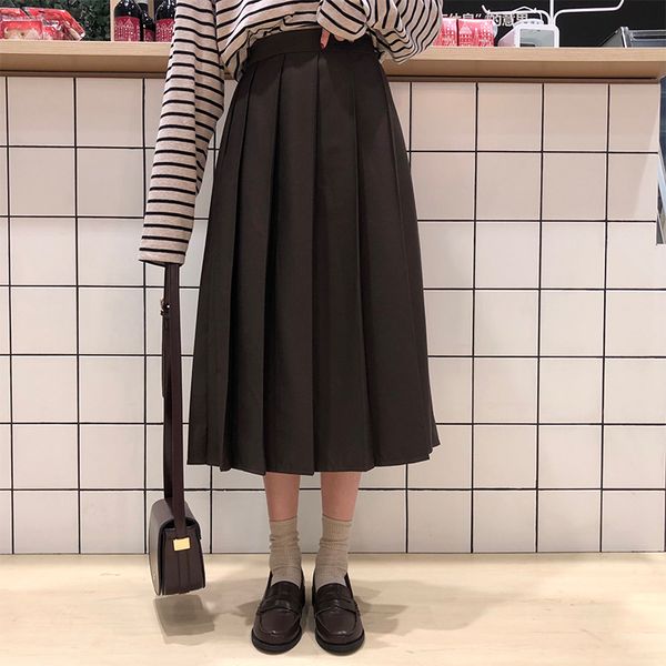 

3 colors spring autumn female long skirts women high waist long pleated skirt solid color a line skirt womens (x150) 210225, Black