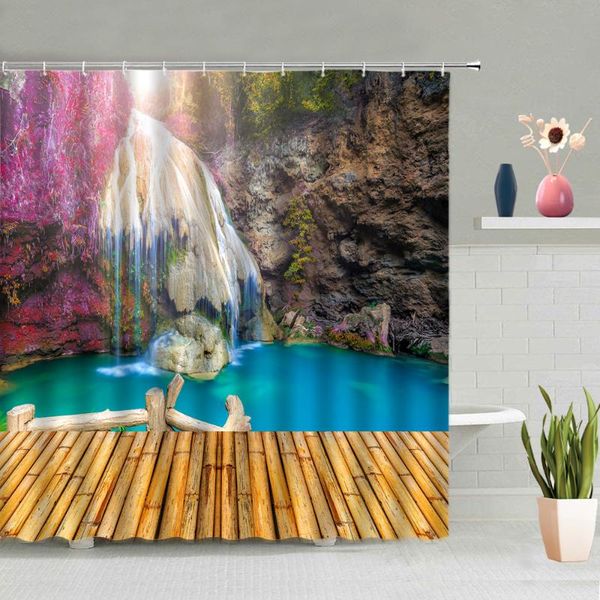 

shower curtains natural scenery curtain waterfall forest ocean bathtub decoration screen bathing washable with hook home decor