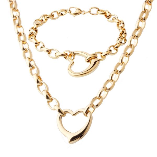 

10mm fashion new 316l stainless steel gold tone heart rolo oval chain womens girls necklace 18"&bracelet bangle 8" jewelry, Silver
