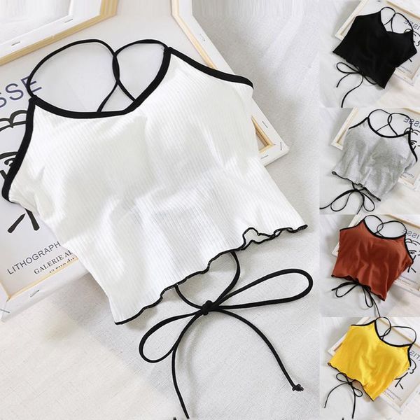 

women's tanks & camis women backless crop padded lingerie bandage cotton tank for summer camisole female clubwear, White