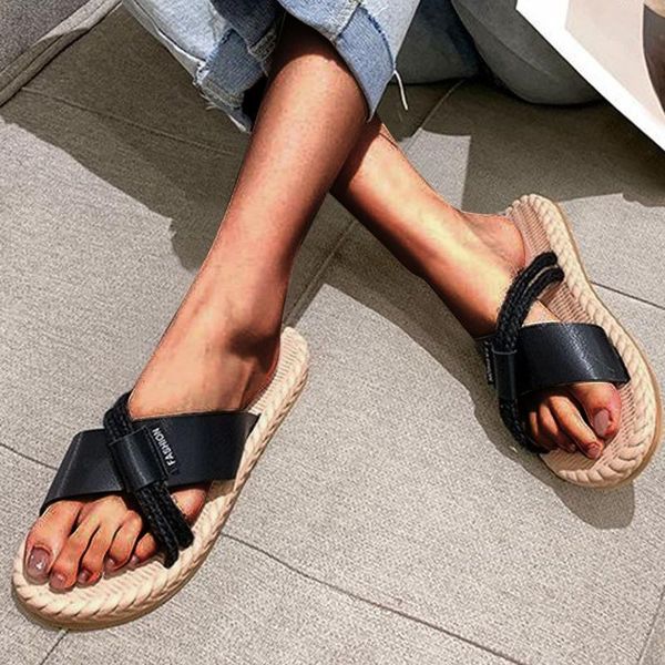 

slippers summer woven sandals with cross straps women's non-slip flat shoes straw holes linen casual beach, Black