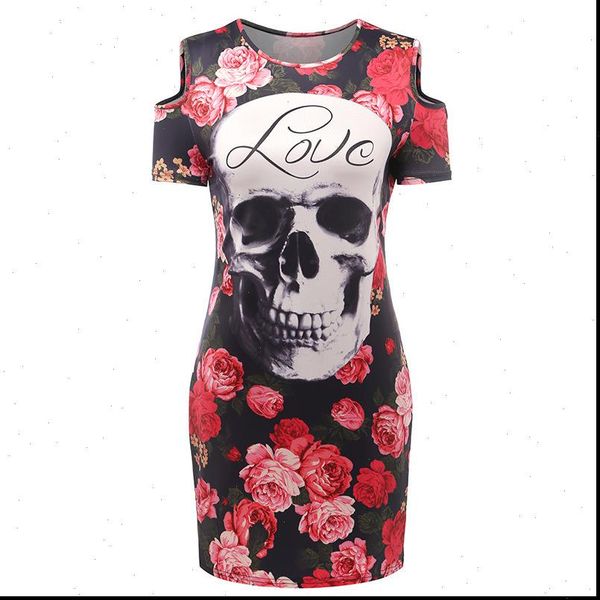 

new womens summer mini dress o neck short sleeved strapless bag hip print skulls rose street trend party dress, Black;gray