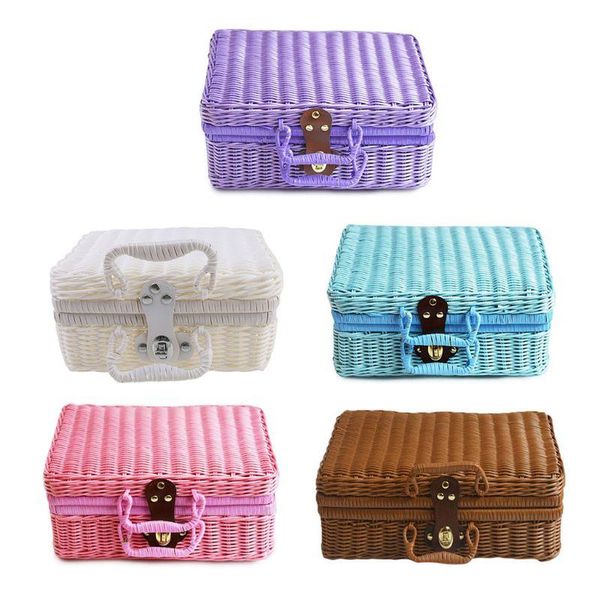 

jewelry pouches, bags rattan storage basket makeup organizer multipurpose container with lid, Pink;blue
