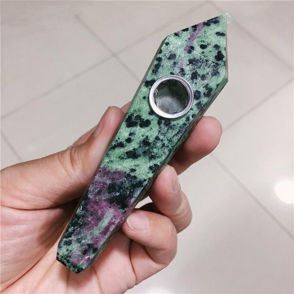 

decorative objects & figurines 1pc natural stone epidote crystal point wand smoking pipe healing quartz gemstone with metal filter