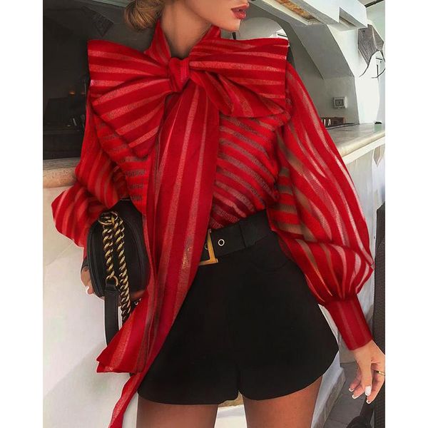 

women's blouses & shirts women autumn red striped mesh loose bow tie long sleeve shirt blouse office ladies casual elegant harajuku blu, White