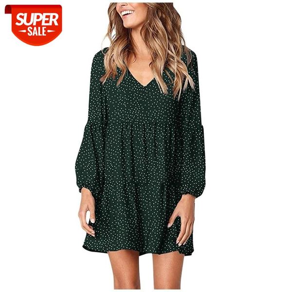 

dot v-neckline knee-length dress short sleeve ruffle loose swing dress female casual straight dresses #ci6z, Black;gray