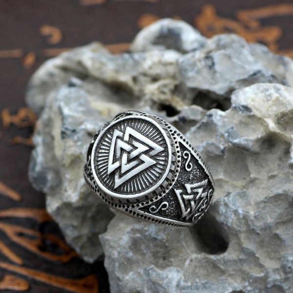 

wind men's ring viking nordic triangle symbol valknut ring, Silver