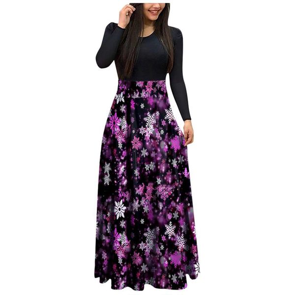 

casual dresses woman long dress women christmas sleeve o neck printed splicing floral banquet tight *, Black;gray