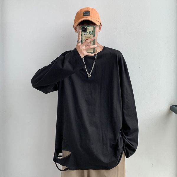 

2021 autumn fashion oversized a black hip hop piece male tshirt long casual sleeve the neck streetwear t x6kn, White;black