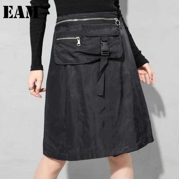 

skirts [eam] high elastic waist black pleated irregular zipper pockets half-body skirt women fashion spring summer 2021 1dd6714