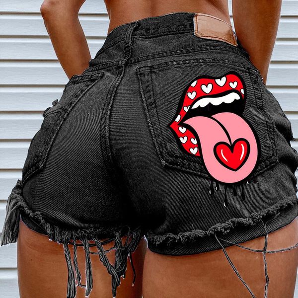 

summer women's shorts pockets, printed pattern, big stone love, ripped raw shorts, White;black