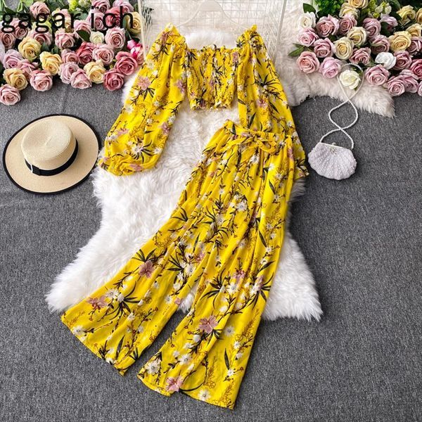 

2 piece set chiffon womenpant fashion suit autumn square collar floral short high waist wide leg pants sexy, White