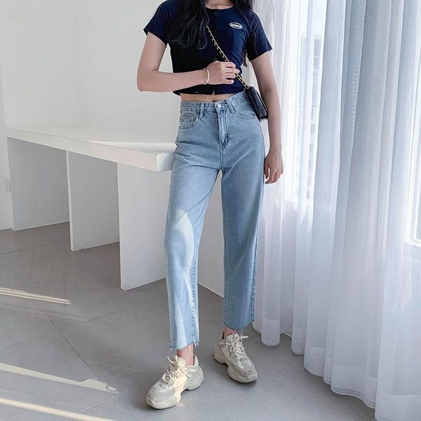 

women's jeans 2021 women casual straight high waist trousers pants for ladies grils ankle length b101, Blue