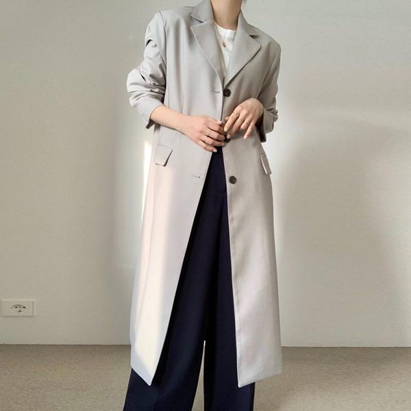 

women's trench coats [ewq] korea chic temperament gray coat autumn 2021 notched loose single breasted long sleeve windbreaker, Tan;black