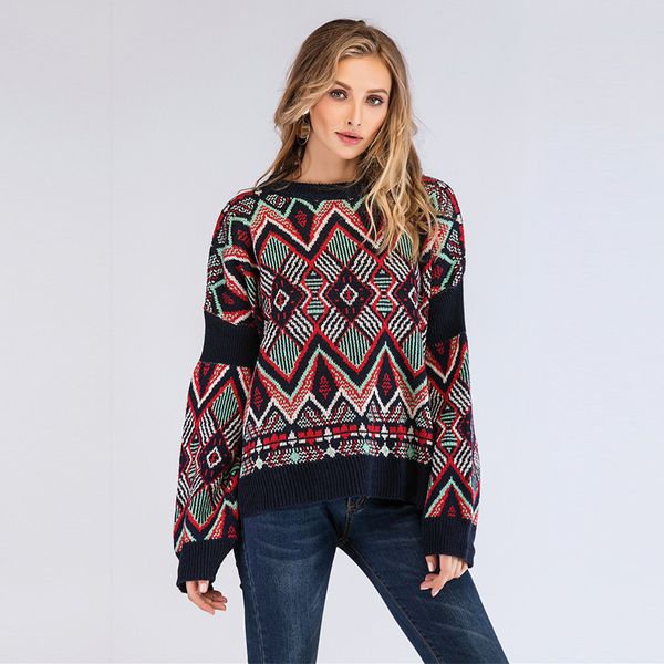 

2021 autumn winter rhombus jumper casual geometry knitted pullovers sweater for women new nvz5, White;black