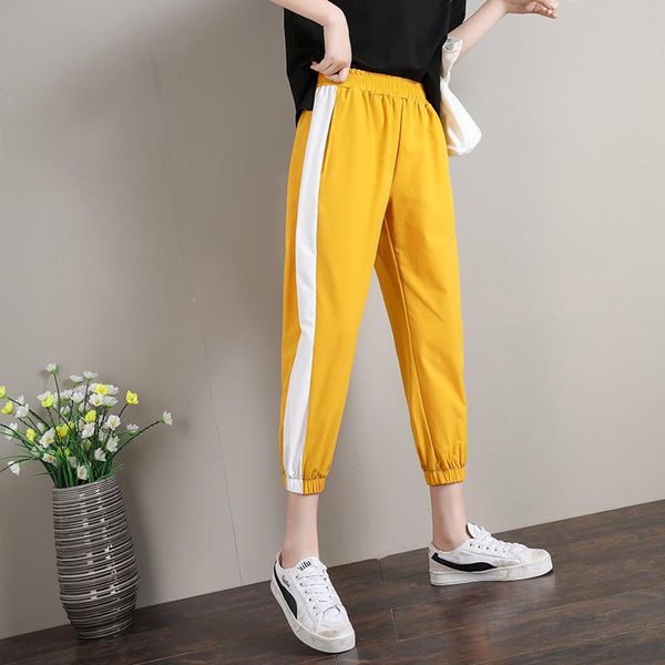 

women cotton baggy sweatpants elastic waist pockets joggers side stripe workout trousers ankle-length loose sports harem pants, Black;white