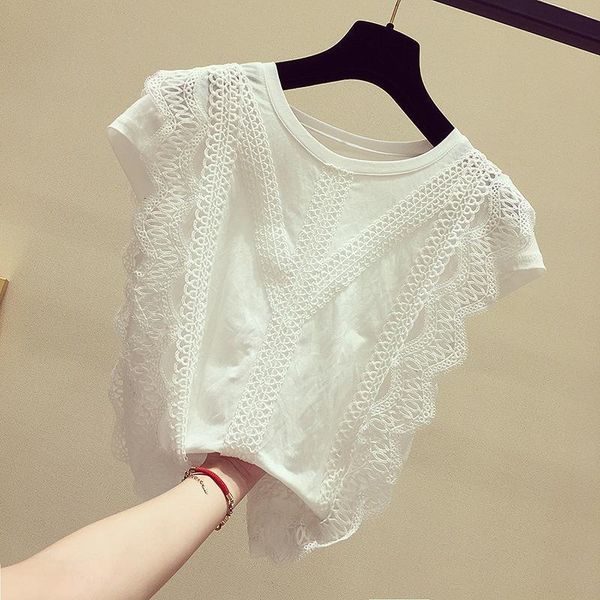 

fashion clothing plus size solid cap sleeve shirt summer 2021 womens and blouses lace patchwork blusas drop shipping, White