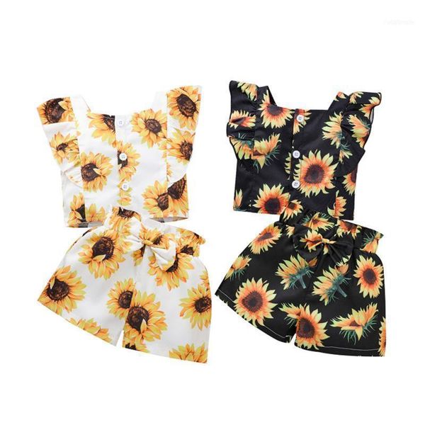 

clothing sets girls clothes kids girl summer toddler infant 2pcs sunflower ruffle vest bow shorts pants outfits 1-5y1, White