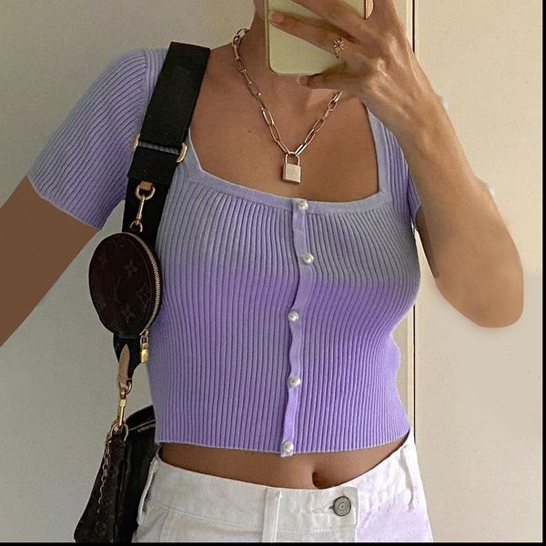

women pearl button cardighans summer square collar knit crop short sleeve solid female casual party wear, White;black