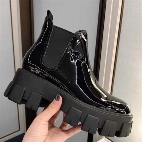 

boots thick bottom leather stretch slip on round toe ankle fashion short flat designed platform brand women shoes, Black
