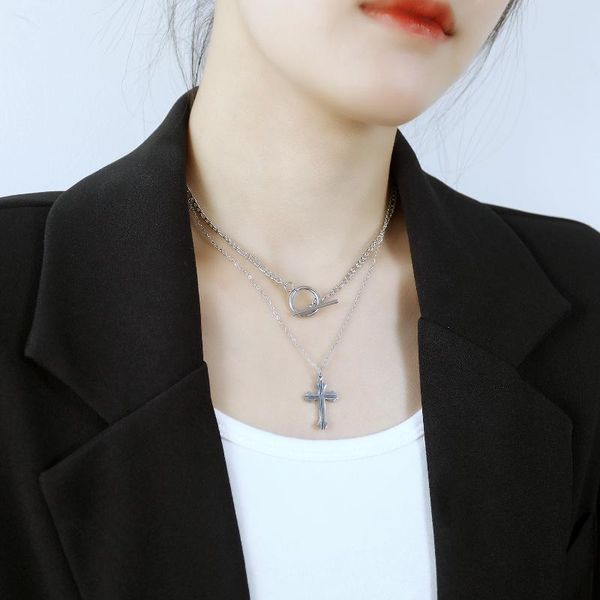 

chains jialy 316l stainless steel cross double necklace chain for women fashion jewelry birthday gift, Silver