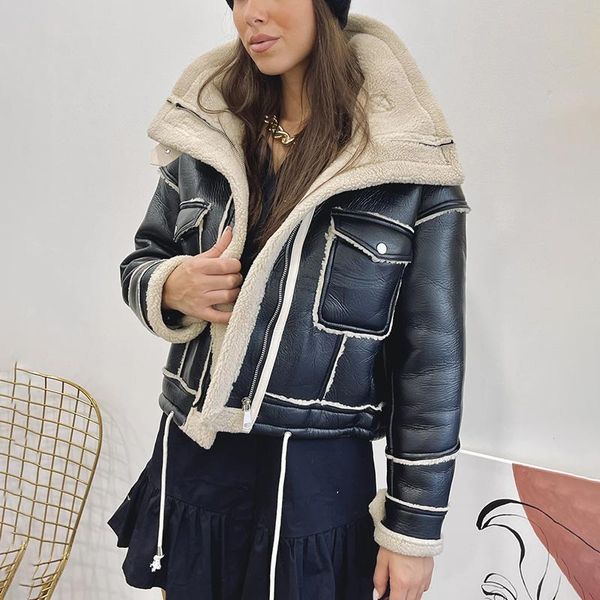 

women's leather & faux floy fashion moto biker jackets women elegant pockets short coats pu patchwork fleece ladies, Black
