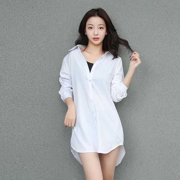 

women's blouses & shirts s-5xl oversized white long blouse dress women solid full casual turn-down collar homewear streetwear shirt spr