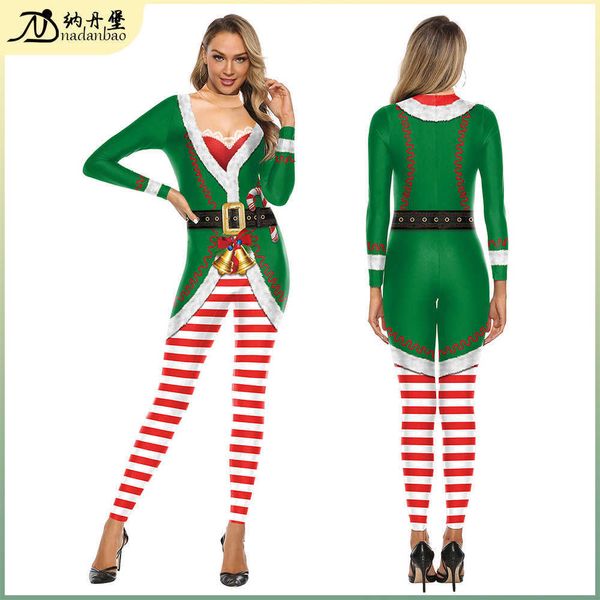 

2021 new women's christmas eve holiday two piece striped print pullover bodysuit, Black;red