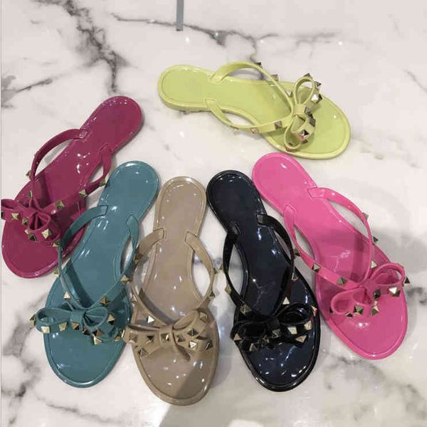 

rivet family net red v herringbone slippers jelly shoes bow flat bottom sandals for women yw yw, Black