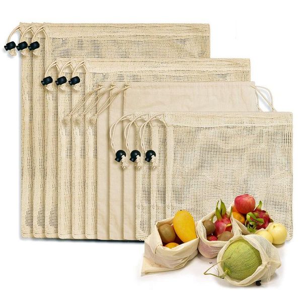 

reusable shopping bags, 12-set reusable product bags organic cotton washable plastic-bags zero waste shopping net for